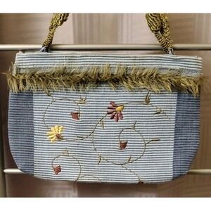 Blue‎ Floral Embroidered Tote Bag Purse 12" x 8" X 1.5" ~ 14" Strap
